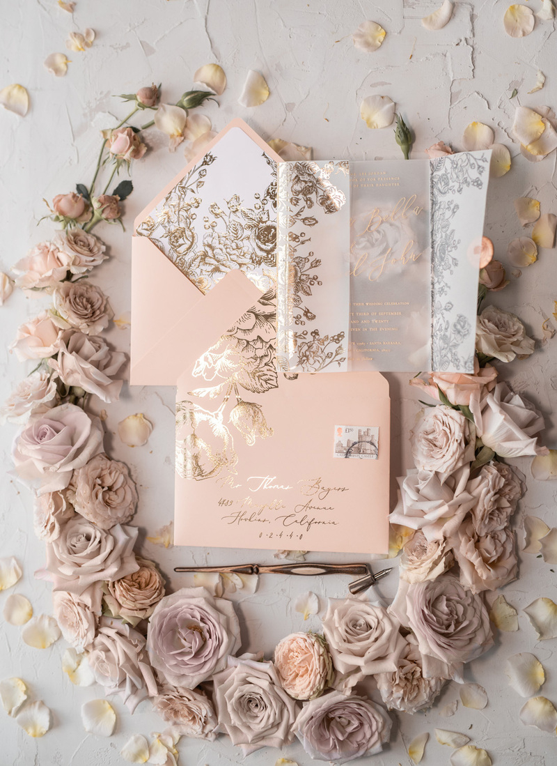 Acrylic Transparent Wedding Invitations Gold  Vellum Roses Wrap Glitter Envelope with Peach  Flowers Wax Seal -0