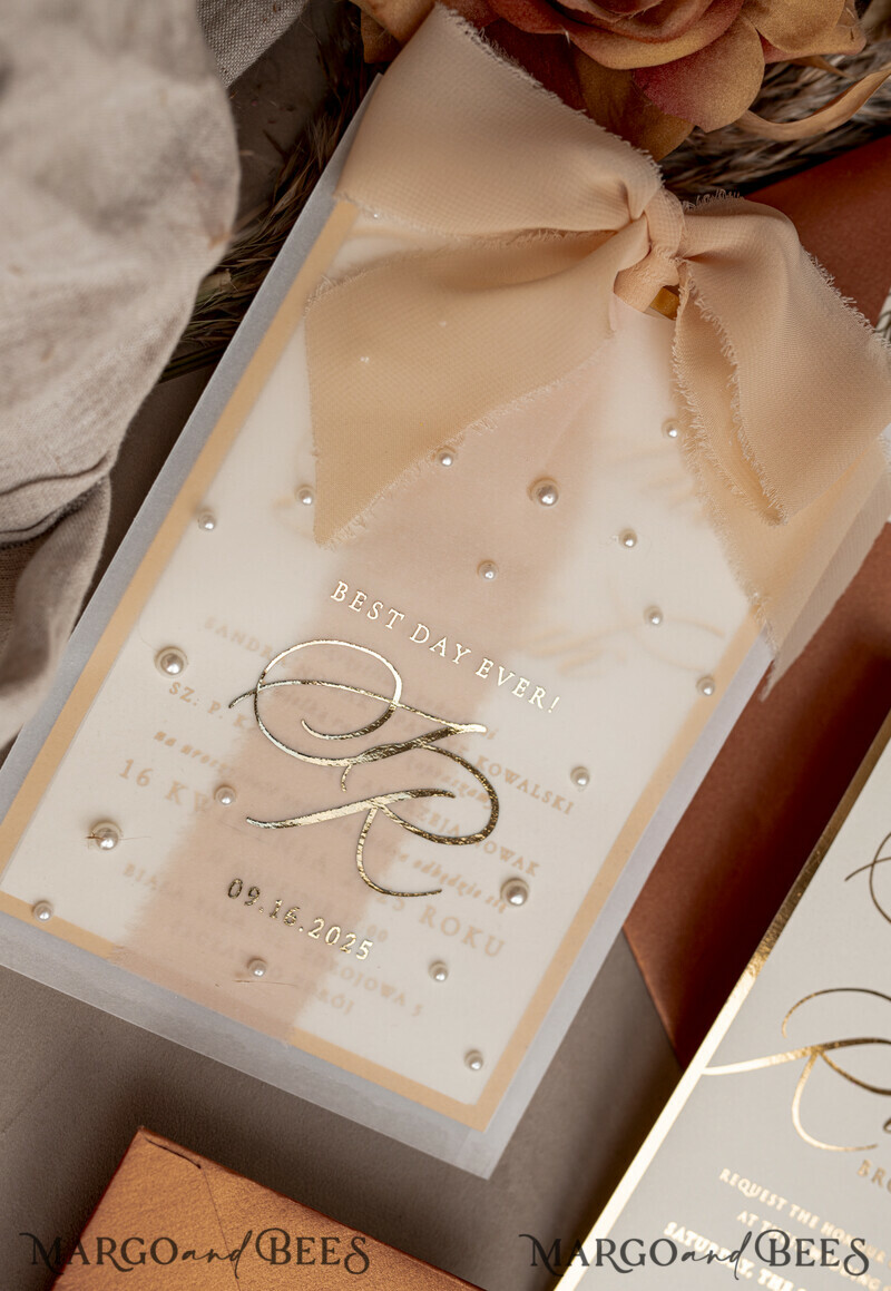 Terracotta Chiffon bow beaded bespoke Elegant Burnt orange Gold Wedding Invitation Suite, White Perls Golden Wedding Cards-12
