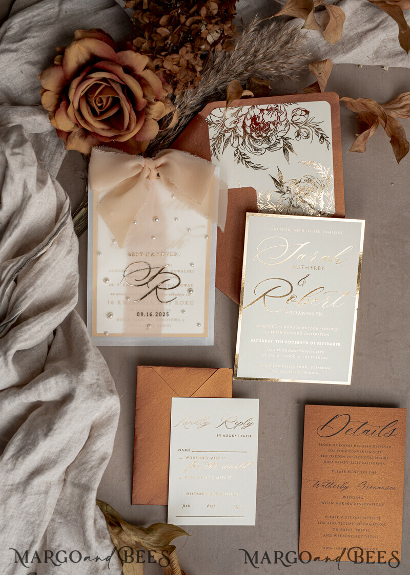 Terracotta Chiffon bow beaded bespoke Elegant Burnt orange Gold Wedding Invitation Suite, White Perls Golden Wedding Cards-10