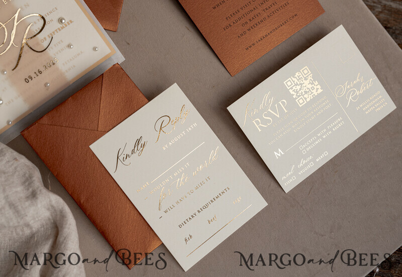 Terracotta Chiffon bow beaded bespoke Elegant Burnt orange Gold Wedding Invitation Suite, White Perls Golden Wedding Cards-13