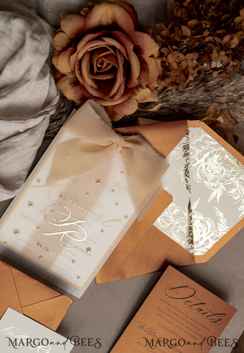 Terracotta Chiffon bow beaded bespoke Elegant Burnt orange Gold Wedding Invitation Suite, White Perls Golden Wedding Cards-15