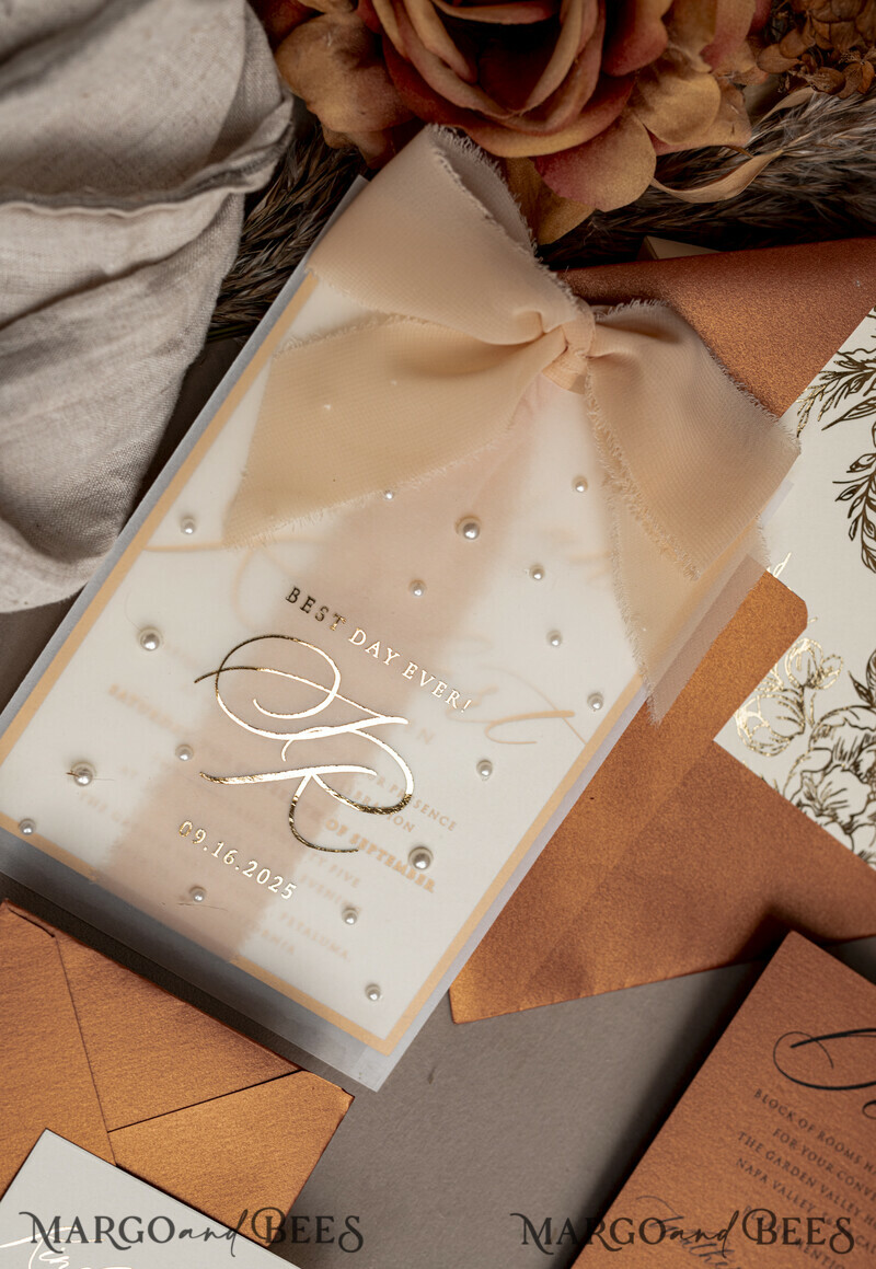 Terracotta Chiffon bow beaded bespoke Elegant Burnt orange Gold Wedding Invitation Suite, White Perls Golden Wedding Cards-16