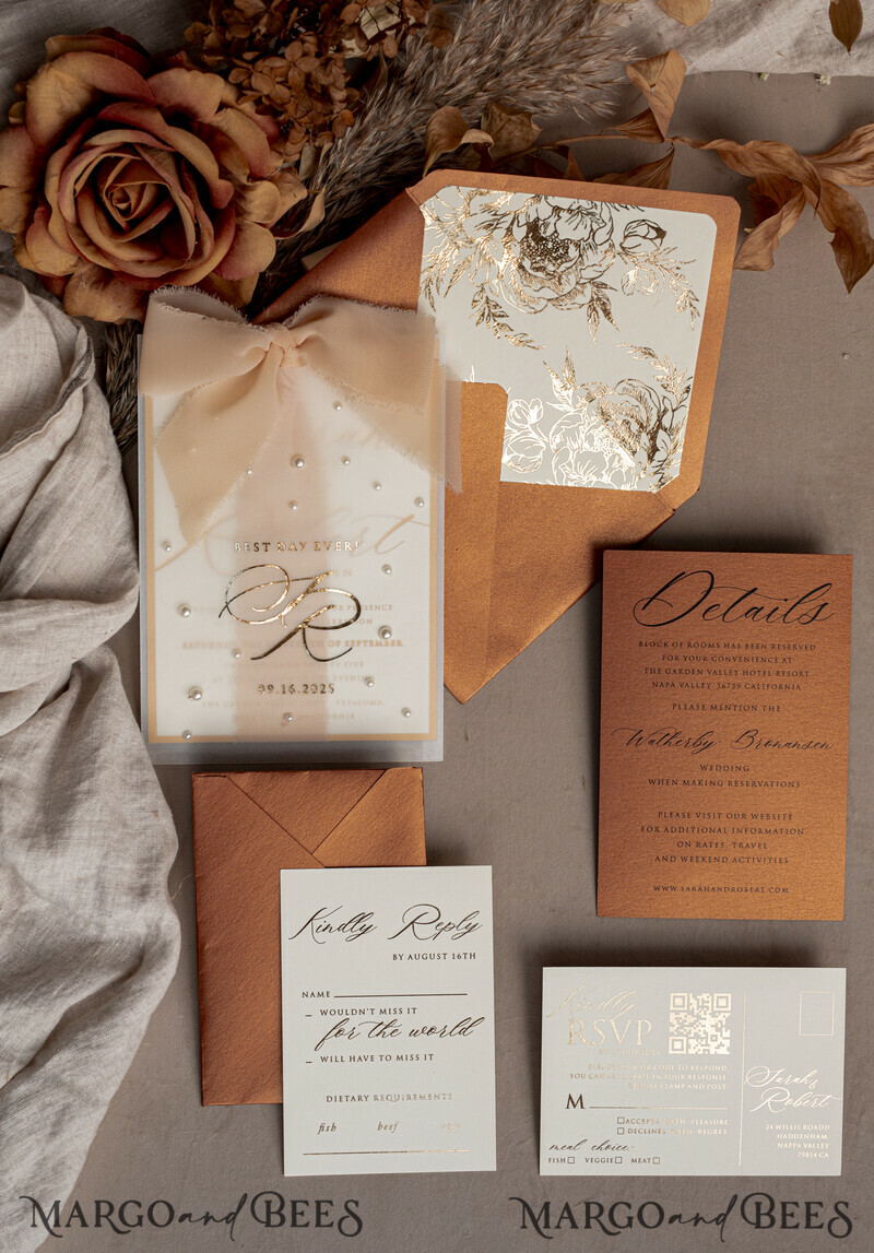 Terracotta Chiffon bow beaded bespoke Elegant Burnt orange Gold Wedding Invitation Suite, White Perls Golden Wedding Cards-17