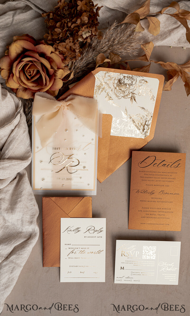 Terracotta Chiffon bow beaded bespoke Elegant Burnt orange Gold Wedding Invitation Suite, White Perls Golden Wedding Cards-18