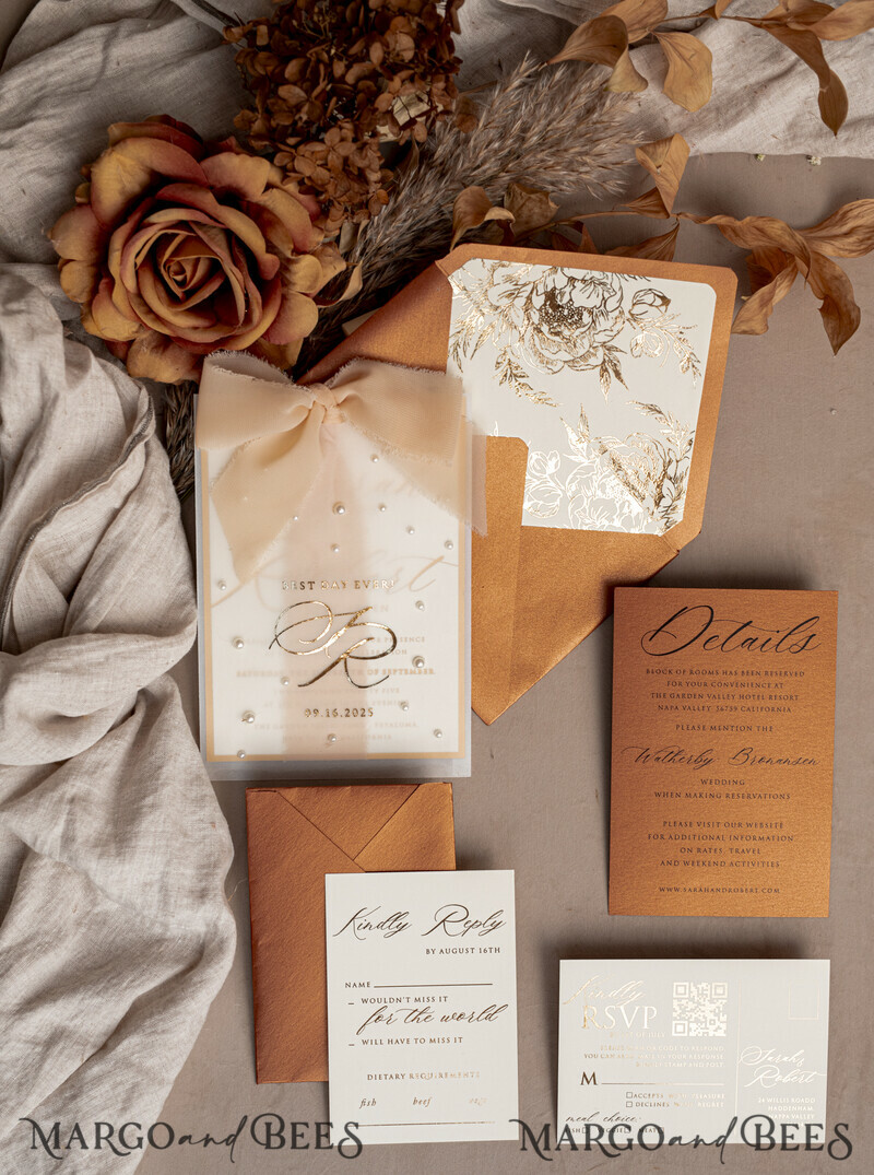 Terracotta Chiffon bow beaded bespoke Elegant Burnt orange Gold Wedding Invitation Suite, White Perls Golden Wedding Cards-19