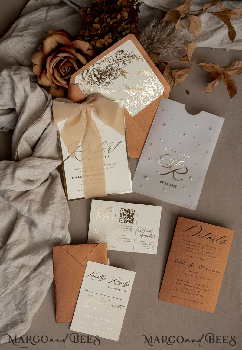 Terracotta Chiffon bow beaded bespoke Elegant Burnt orange Gold Wedding Invitation Suite, White Perls Golden Wedding Cards-22