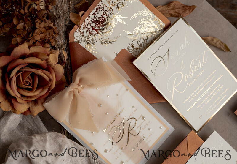 Terracotta Chiffon bow beaded bespoke Elegant Burnt orange Gold Wedding Invitation Suite, White Perls Golden Wedding Cards-6