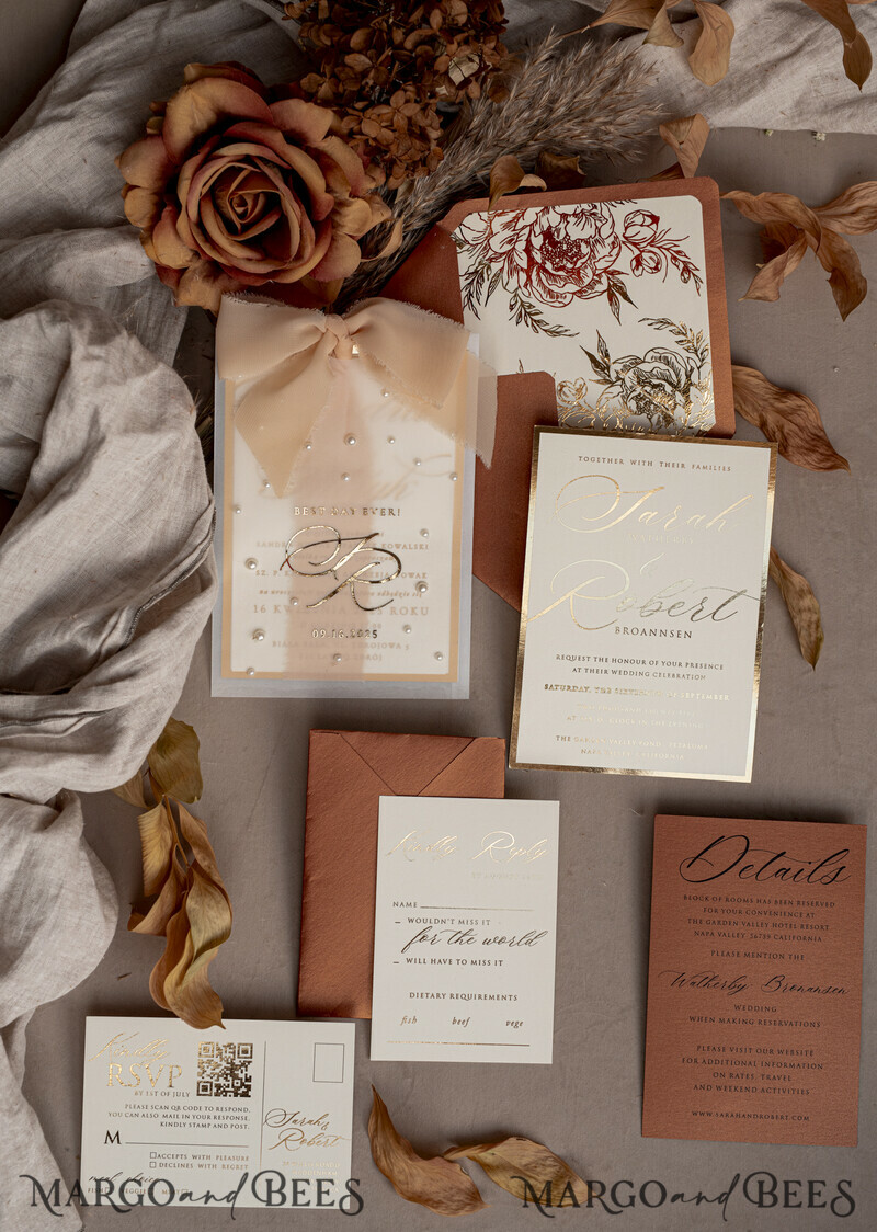 Terracotta Chiffon bow beaded bespoke Elegant Burnt orange Gold Wedding Invitation Suite, White Perls Golden Wedding Cards-7