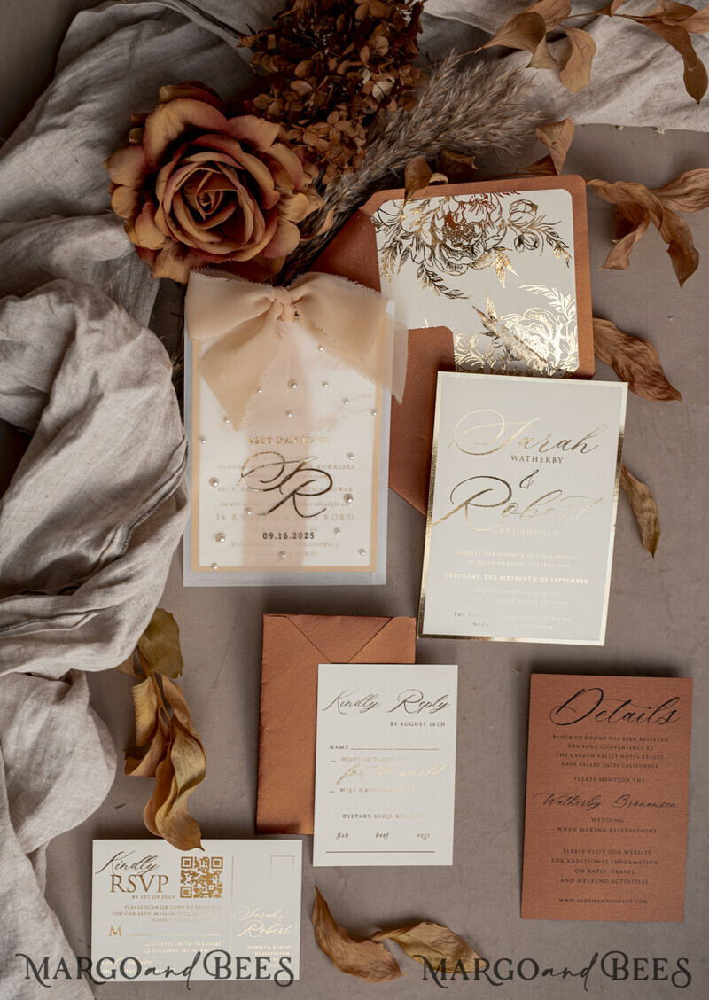 Terracotta Chiffon bow beaded bespoke Elegant Burnt orange Gold Wedding Invitation Suite, White Perls Golden Wedding Cards-8