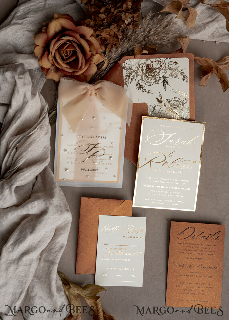 Terracotta Chiffon bow beaded bespoke Elegant Burnt orange Gold Wedding Invitation Suite, White Perls Golden Wedding Cards-9