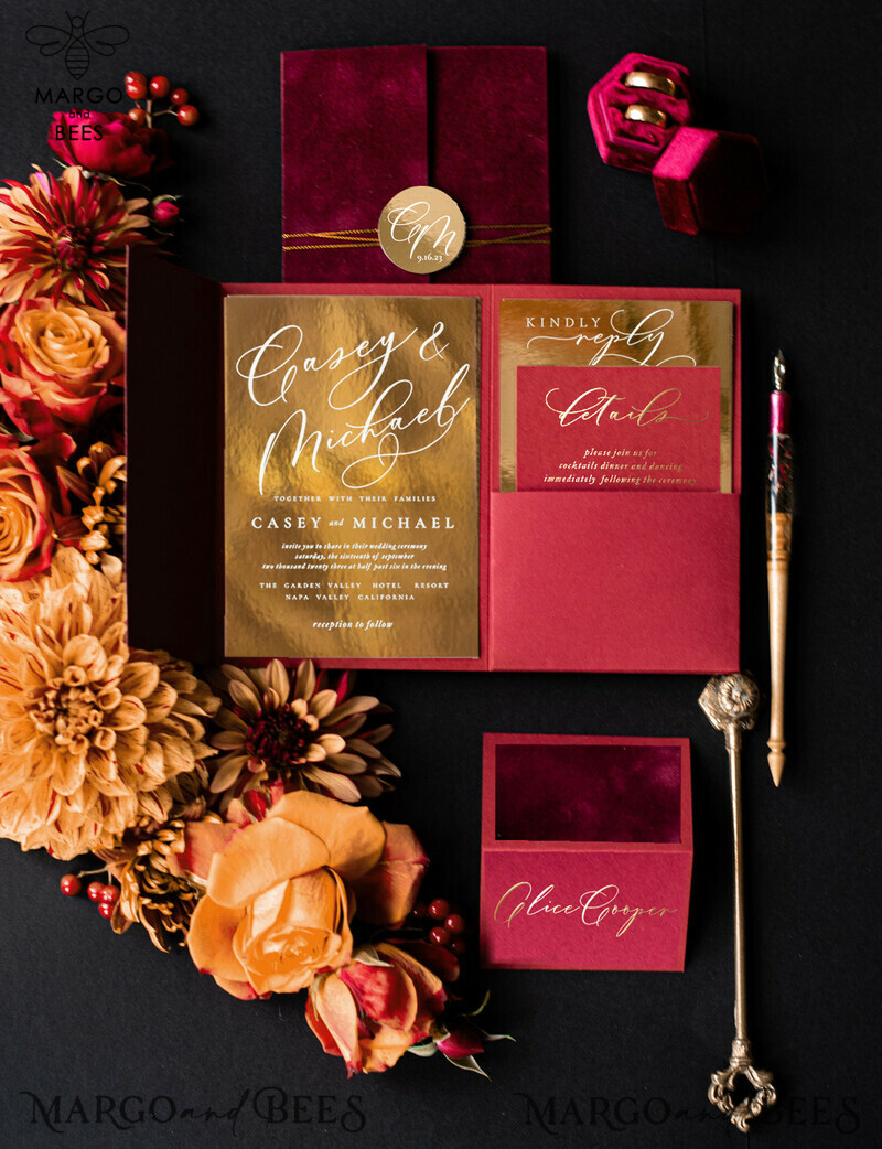 Elegant Velvet Wedding Invitations: A Glamorous and Romantic Marsala Wedding Stationery with a Golden Shine-1