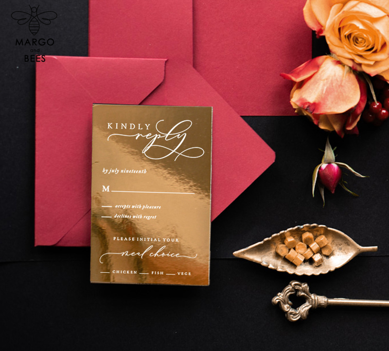 Elegant Velvet Wedding Invitations: A Glamorous and Romantic Marsala Wedding Stationery with a Golden Shine-10