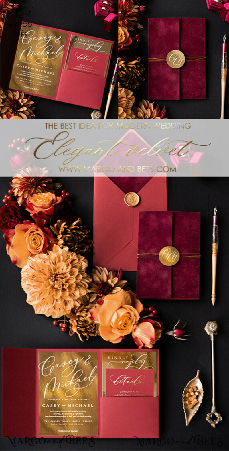 Elegant Velvet Wedding Invitations: A Glamorous and Romantic Marsala Wedding Stationery with a Golden Shine-11
