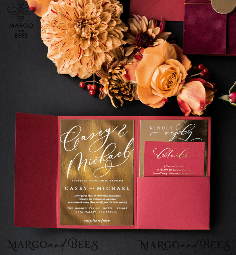 Elegant Velvet Wedding Invitations: A Glamorous and Romantic Marsala Wedding Stationery with a Golden Shine-2