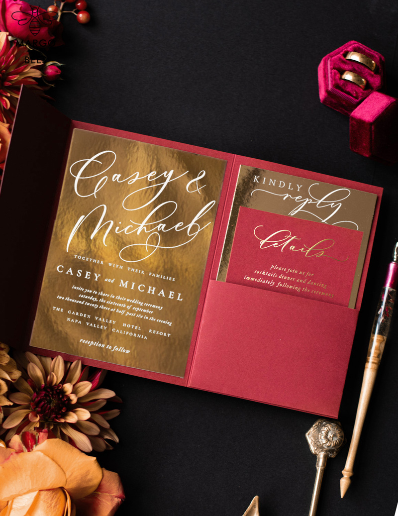 Luxury  Gold Wedding Invitations , Burgundy Velvet Wedding Invitations , Pocketfold  Indian Wedding Cards -4