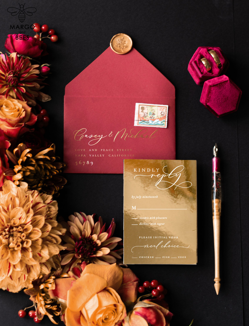 Elegant Velvet Wedding Invitations: A Glamorous and Romantic Marsala Wedding Stationery with a Golden Shine-5