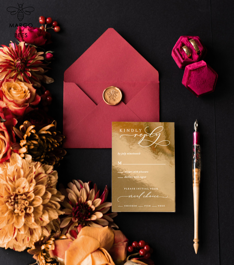 Elegant Velvet Wedding Invitations: A Glamorous and Romantic Marsala Wedding Stationery with a Golden Shine-6