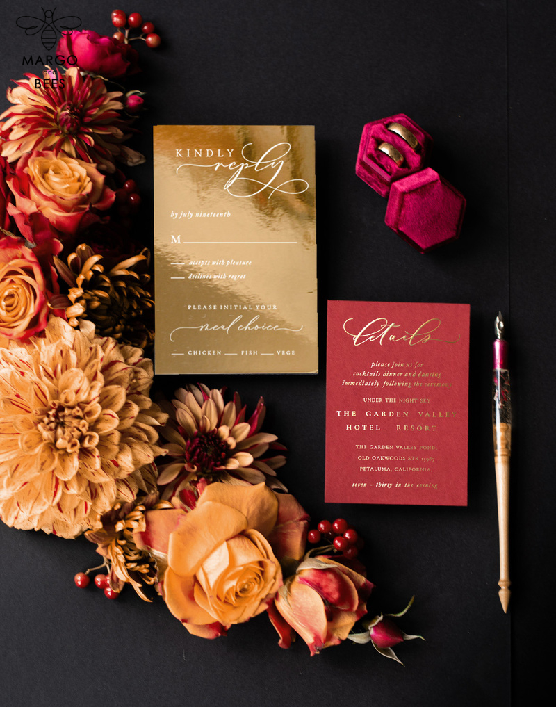 Elegant Velvet Wedding Invitations: A Glamorous and Romantic Marsala Wedding Stationery with a Golden Shine-7