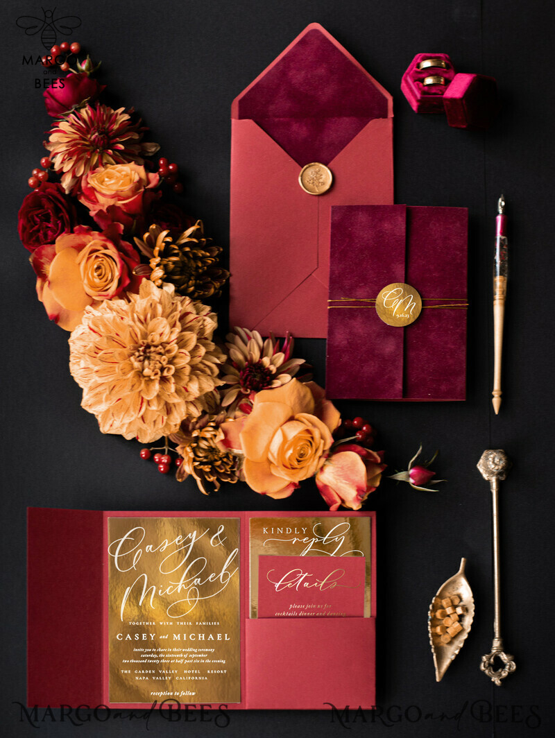 Elegant Velvet Wedding Invitations: A Glamorous and Romantic Marsala Wedding Stationery with a Golden Shine-0