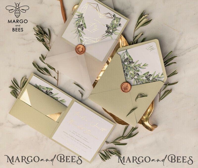 Elegant Olive Wedding Invitations: Luxury Sage Green Wedding Invites with Glamour Golden Pocketfold - A Bespoke Tuscany Wedding Invitation Suite-1