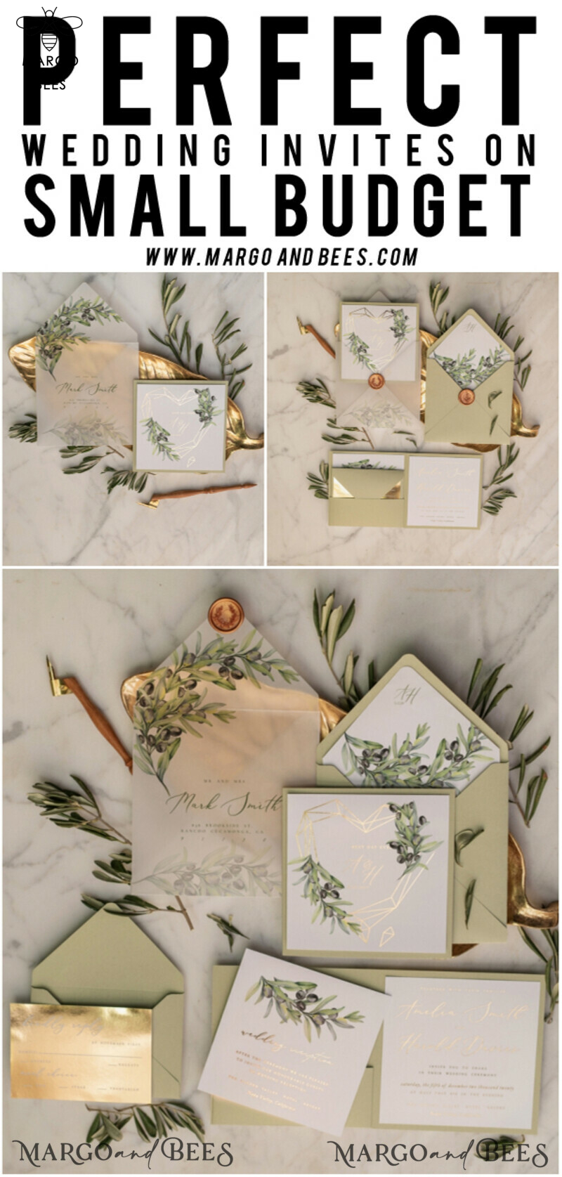Tuscany Olive Branch Wedding Invitations, Gold Geometric Invites  perfect for Italy Wedding, Olives Wedding cards-11