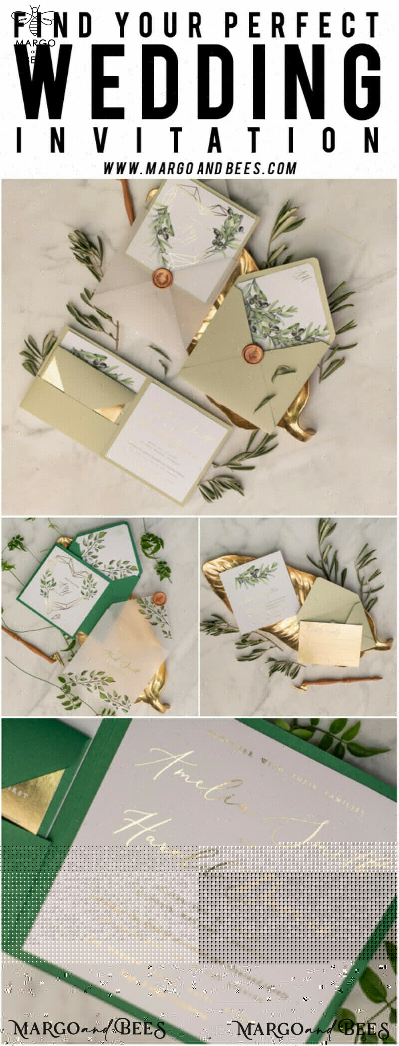 Elegant Olive Wedding Invitations: Luxury Sage Green Wedding Invites in Glamour Golden Pocketfold - Bespoke Tuscany Wedding Invitation Suite-12