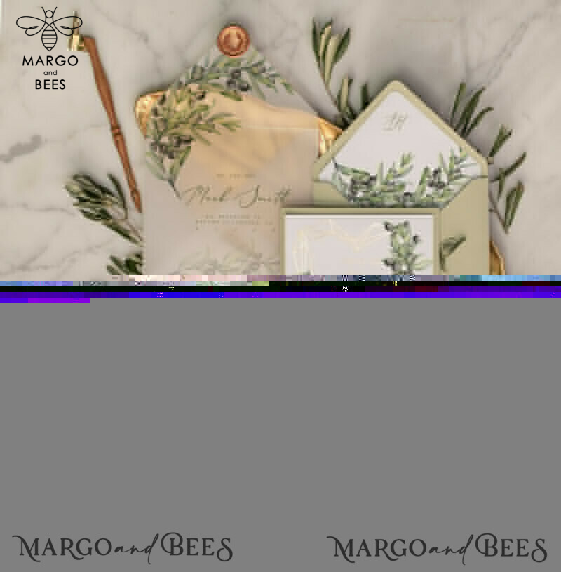 Elegant Olive Wedding Invitations: Luxury Sage Green Wedding Invites with Glamour Golden Pocketfold - A Bespoke Tuscany Wedding Invitation Suite-2