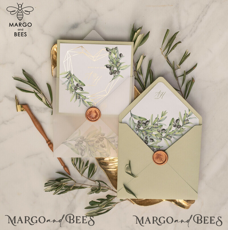 Stunning Olive Wedding Invitations: Luxury Sage Green and Glamour Golden Pocketfold Cards in a Bespoke Tuscany Invitation Suite-3