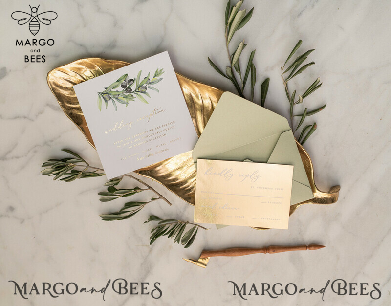 Elegant Olive Wedding Invitations: Luxury Sage Green Wedding Invites with Glamour Golden Pocketfold - A Bespoke Tuscany Wedding Invitation Suite-4