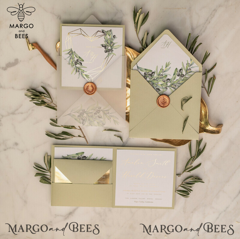 Elegant Olive Wedding Invitations, Luxury Sage Green Wedding Invites, Glamour Golden Pocketfold Wedding Cards, Bespoke Tuscany Wedding Invitation Suite-5