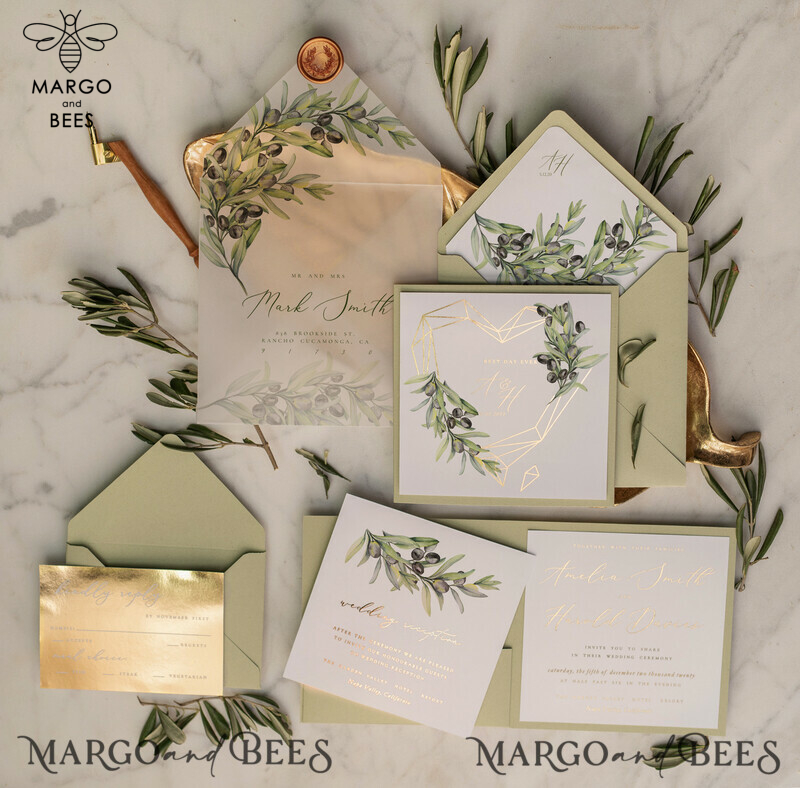 Elegant Olive Wedding Invitations: Luxury Sage Green Wedding Invites in Glamour Golden Pocketfold - Bespoke Tuscany Wedding Invitation Suite-0