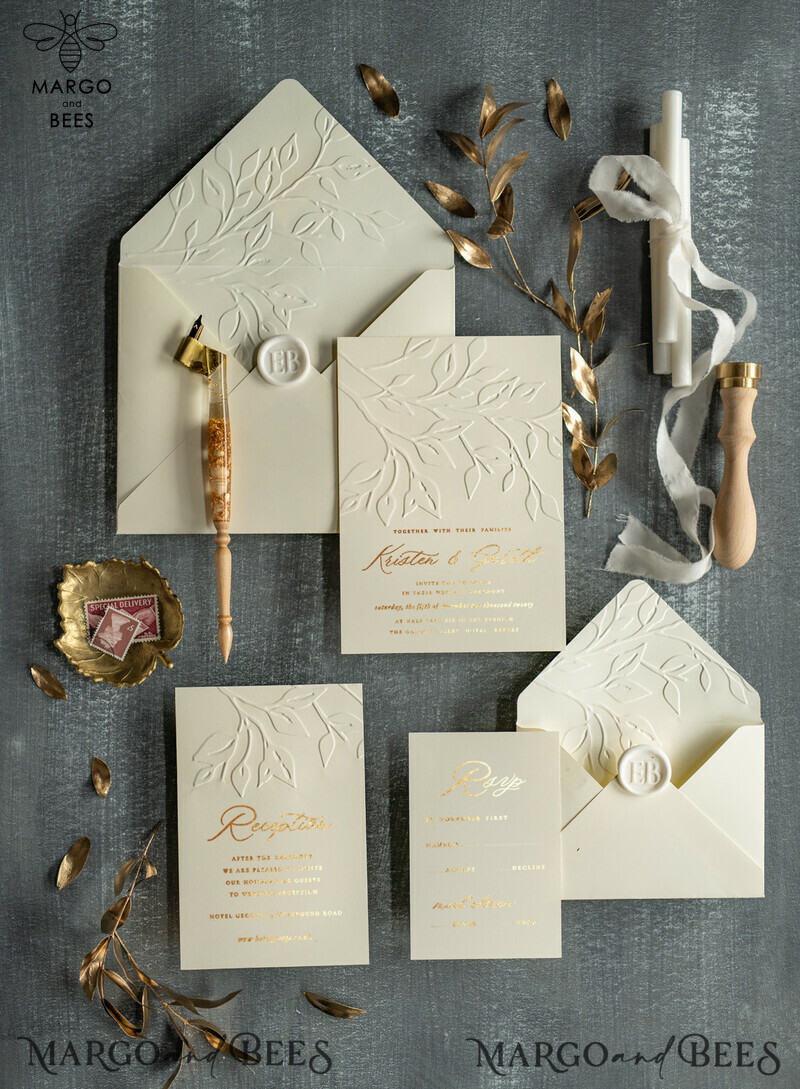 invitations with embossed branches and gold accents-1