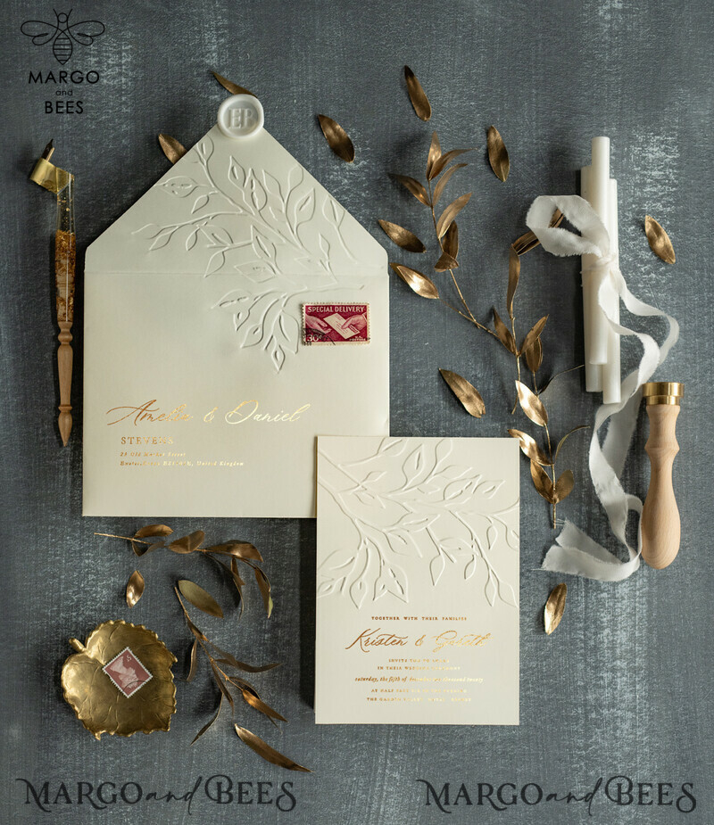invitations with embossed branches and gold accents-2