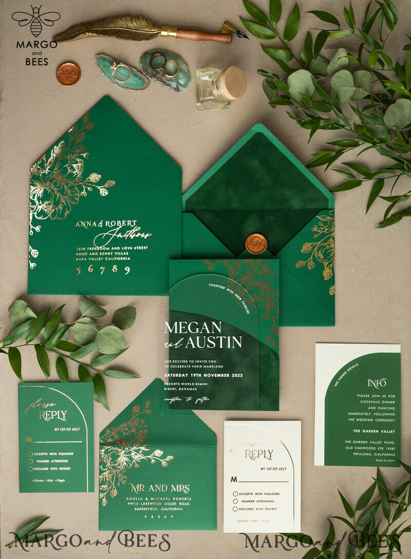 Glamour meets Greenery: Arch Gold Acrylic Wedding Invites with Velvet Pocket-4