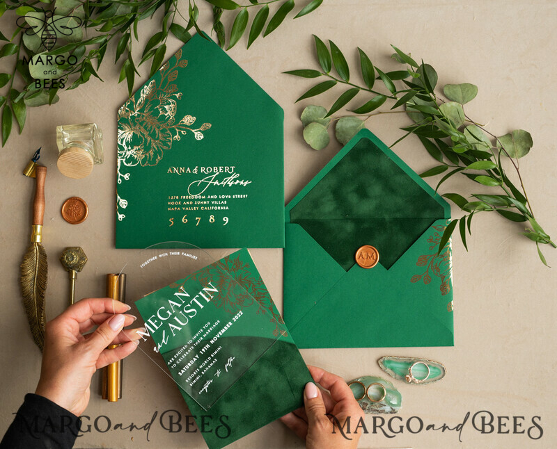 Glamour meets Greenery: Arch Gold Acrylic Wedding Invites with Velvet Pocket-9