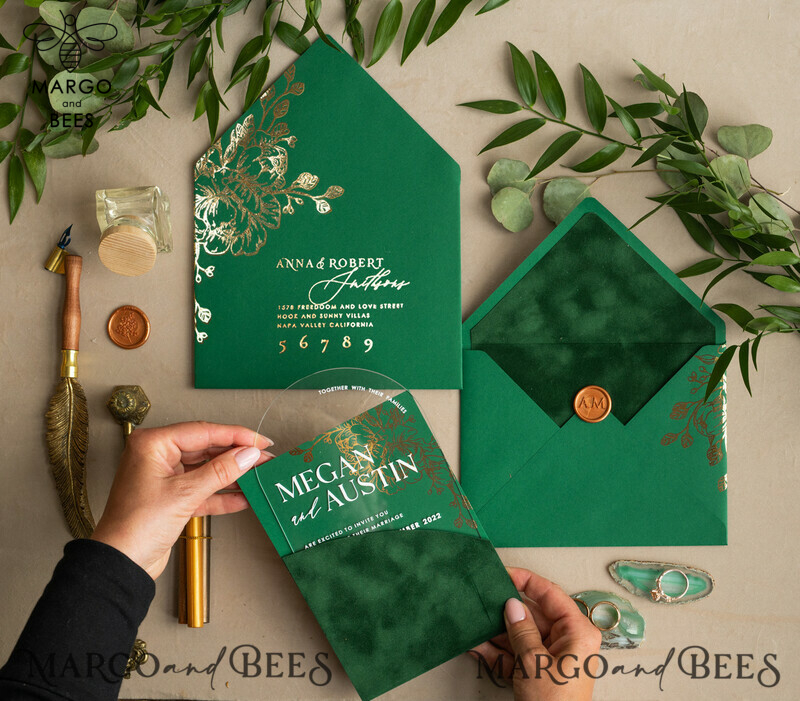 Glamour meets Greenery: Arch Gold Acrylic Wedding Invites with Velvet Pocket-7
