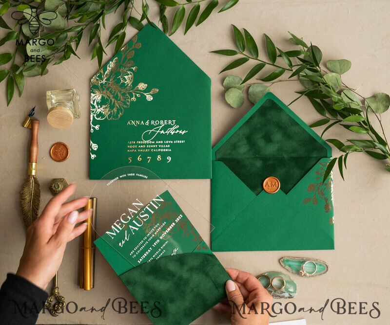Glamour meets Greenery: Arch Gold Acrylic Wedding Invites with Velvet Pocket-8