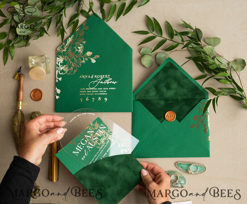 Glamour meets Greenery: Arch Gold Acrylic Wedding Invites with Velvet Pocket-14