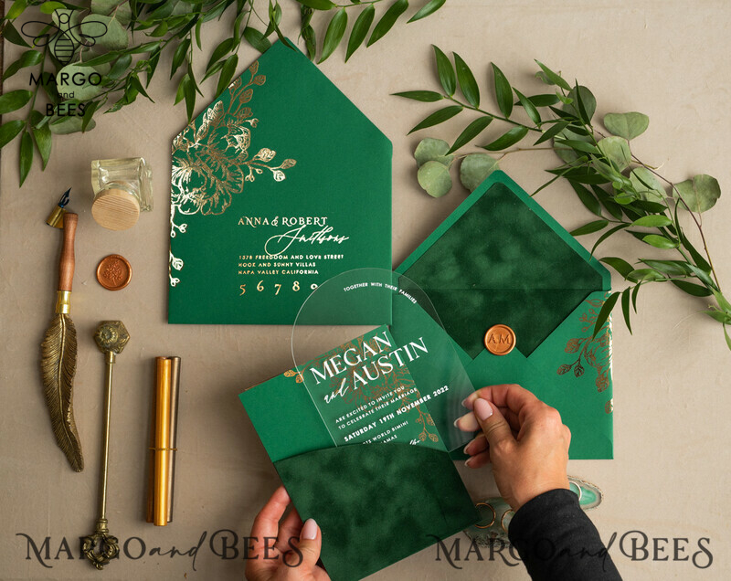 Glamour meets Greenery: Arch Gold Acrylic Wedding Invites with Velvet Pocket-15
