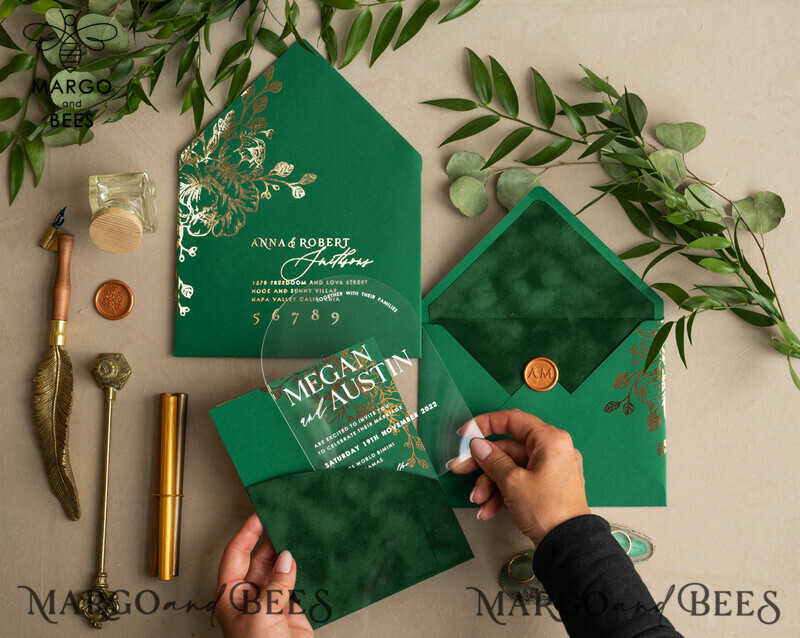 Glamour meets Greenery: Arch Gold Acrylic Wedding Invites with Velvet Pocket-16
