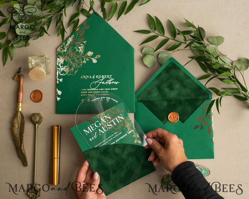 Glamour meets Greenery: Arch Gold Acrylic Wedding Invites with Velvet Pocket-17
