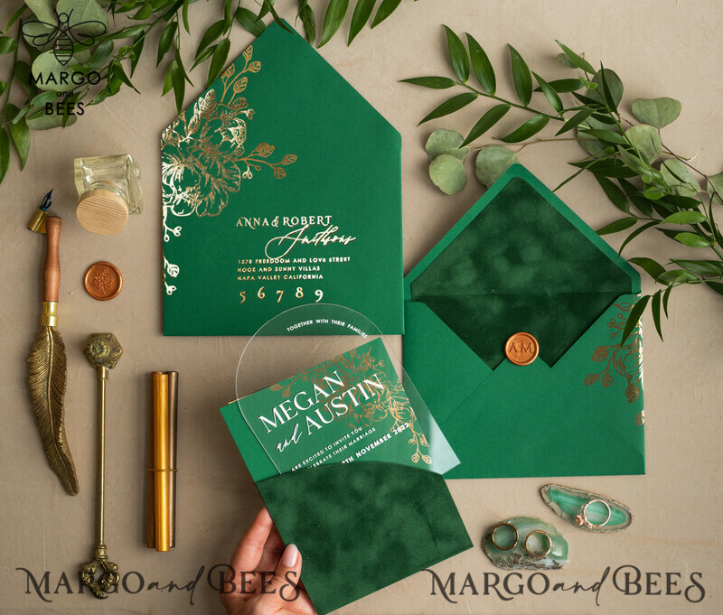 Glamour meets Greenery: Arch Gold Acrylic Wedding Invites with Velvet Pocket-18