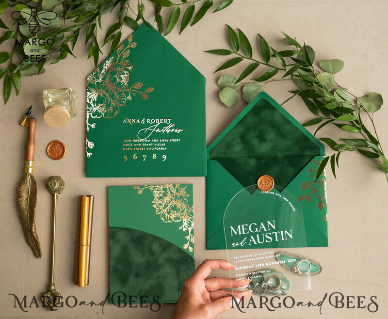 Glamour meets Greenery: Arch Gold Acrylic Wedding Invites with Velvet Pocket-19