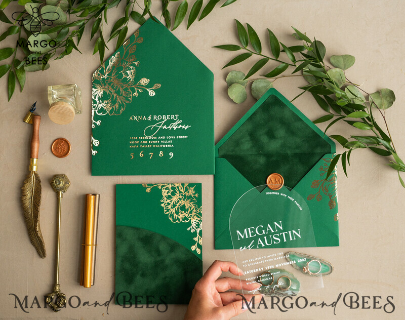 Glamour meets Greenery: Arch Gold Acrylic Wedding Invites with Velvet Pocket-20
