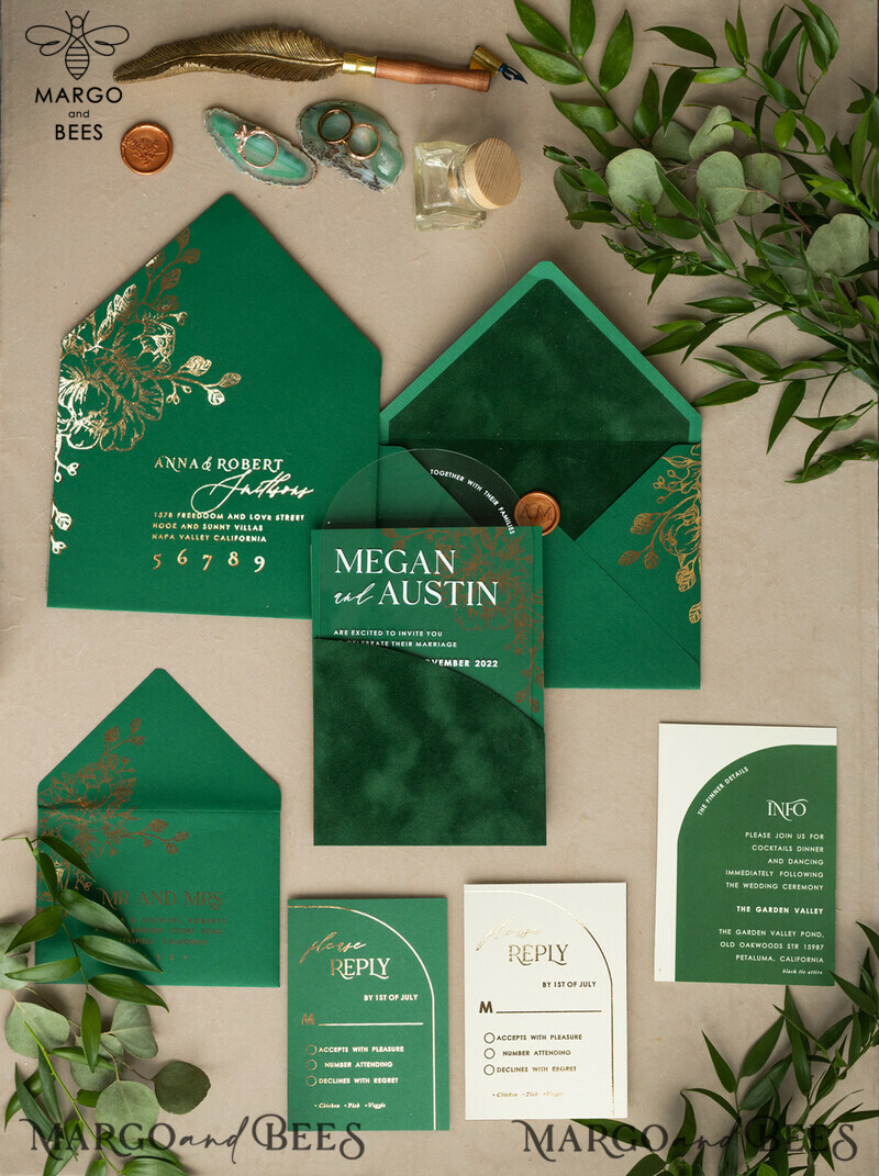 Glamour meets Greenery: Arch Gold Acrylic Wedding Invites with Velvet Pocket-5