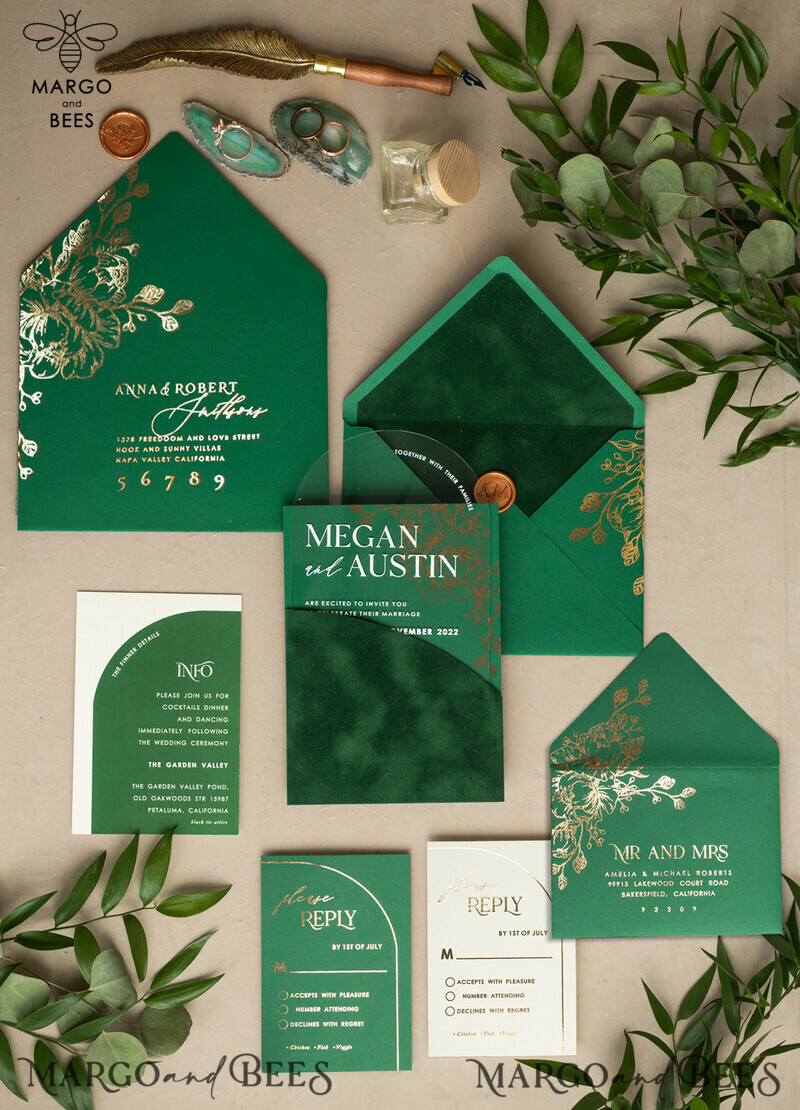 Glamour meets Greenery: Arch Gold Acrylic Wedding Invites with Velvet Pocket-6