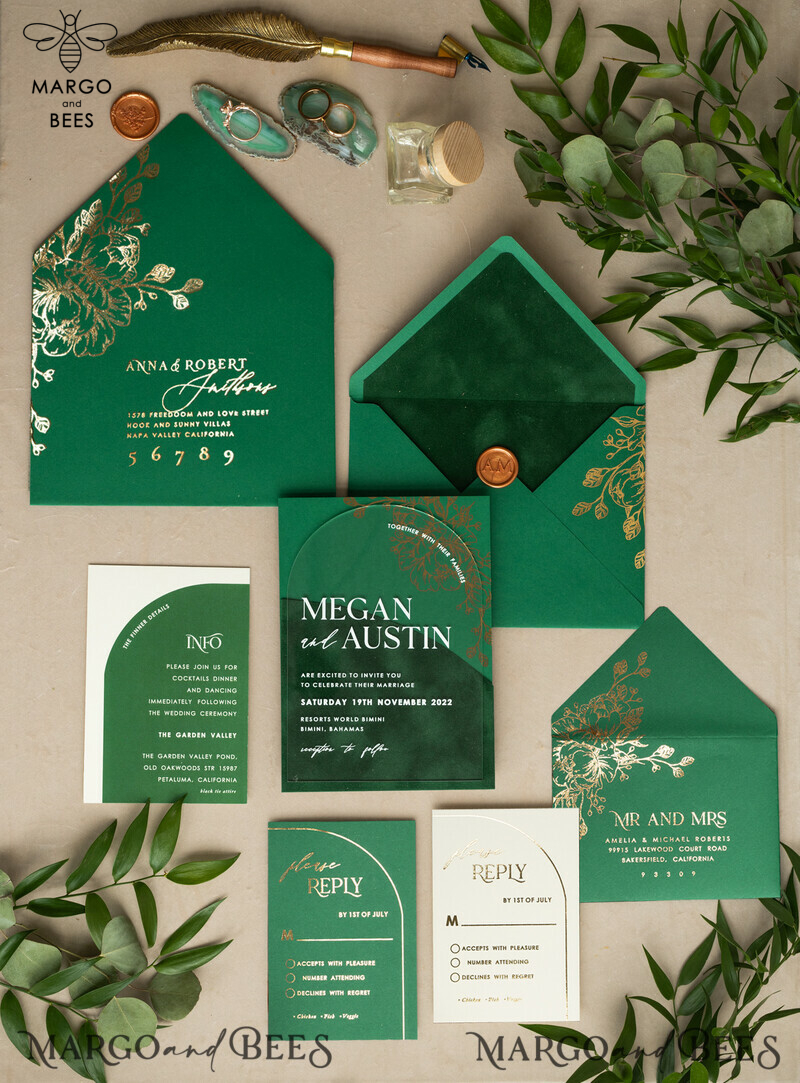 Glamour meets Greenery: Arch Gold Acrylic Wedding Invites with Velvet Pocket-10