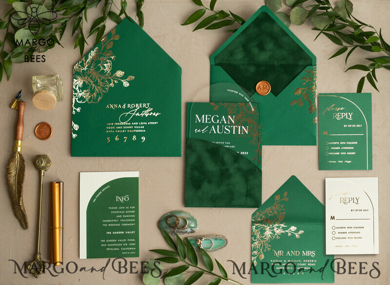 Glamour meets Greenery: Arch Gold Acrylic Wedding Invites with Velvet Pocket-12
