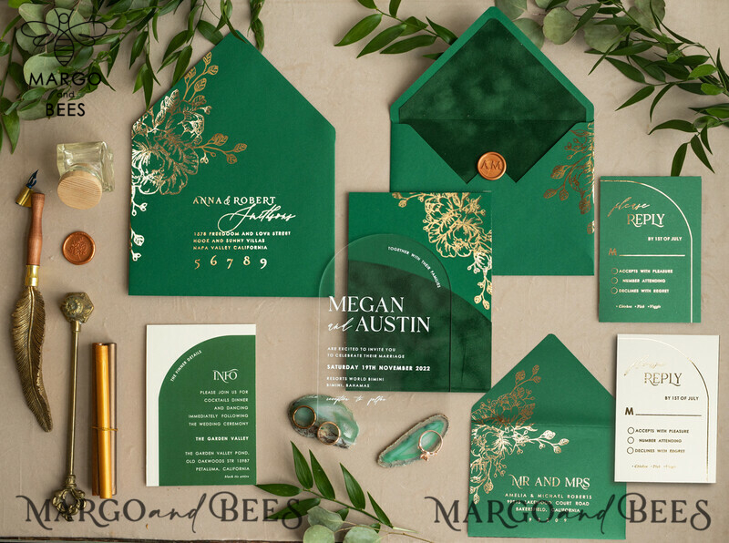 Glamour meets Greenery: Arch Gold Acrylic Wedding Invites with Velvet Pocket-13