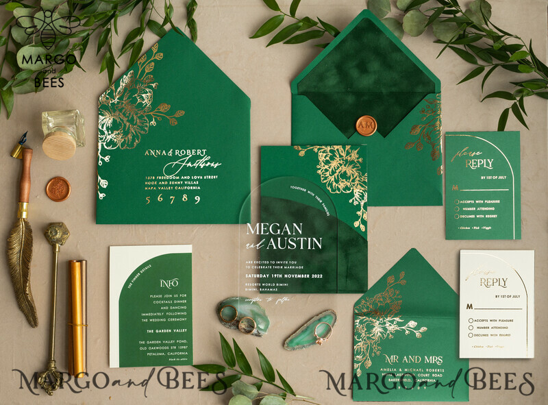 Glamour meets Greenery: Arch Gold Acrylic Wedding Invites with Velvet Pocket-0